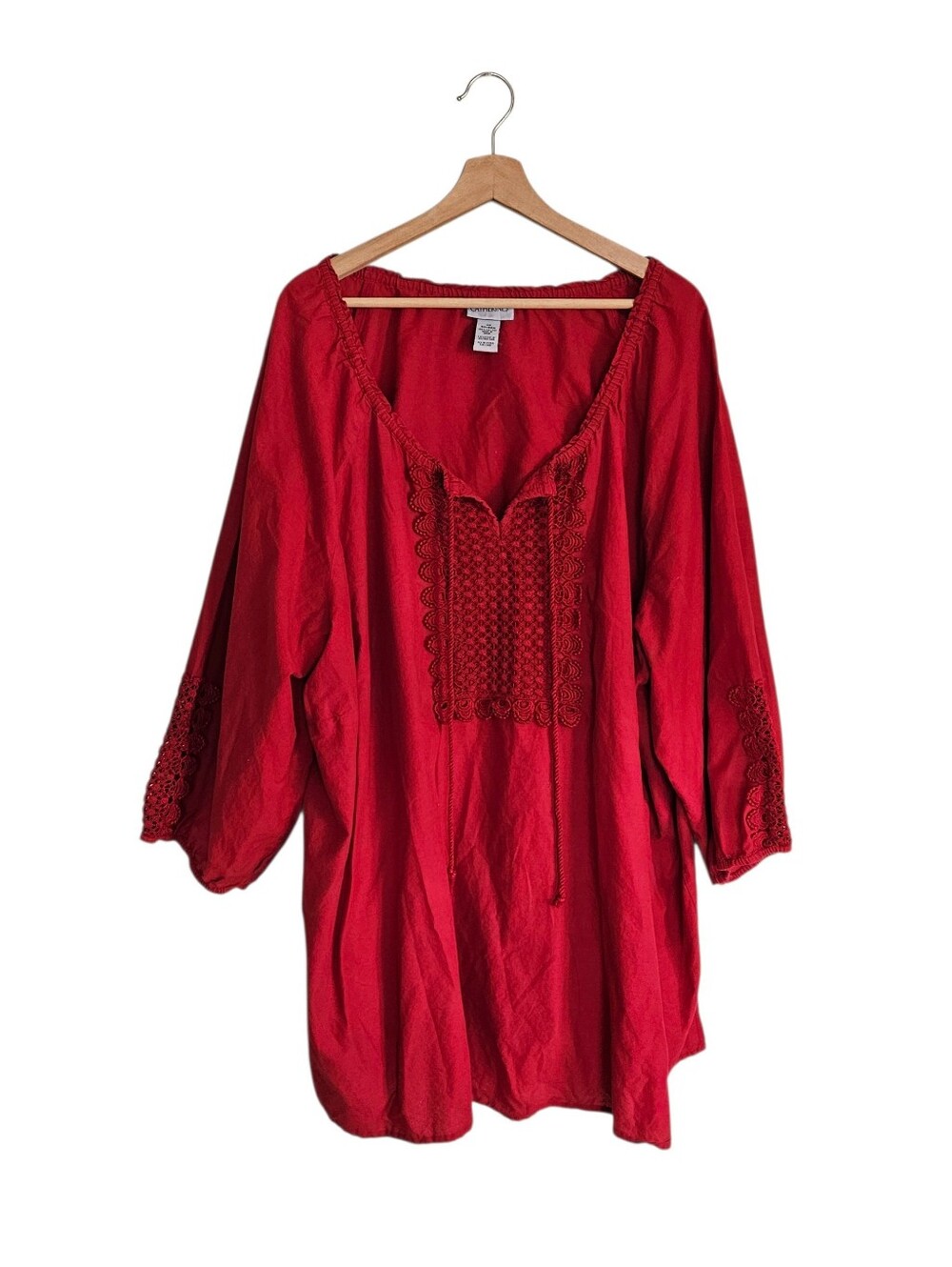 Catherines Red Embroidered Lattice Lace Trim Blouse Boho Chic Tomato Red